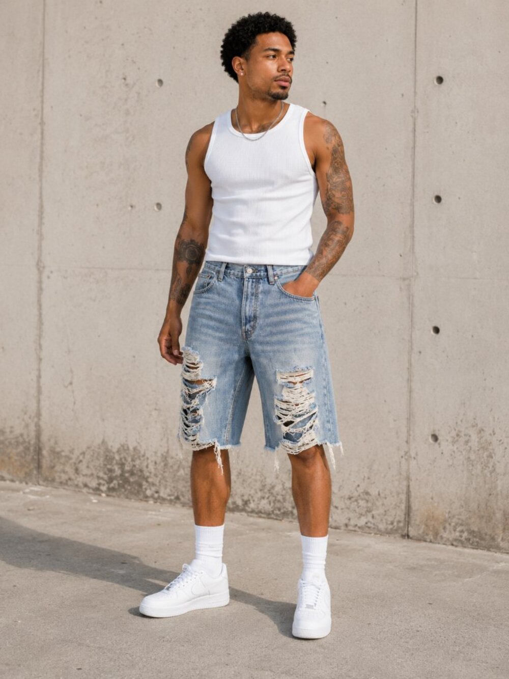 New Men's Levi Heavy Ripped Denim Shorts - 32